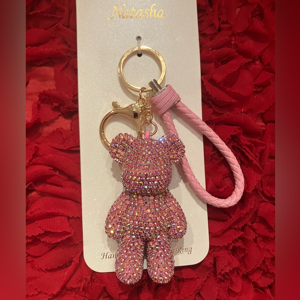 Natasha Couture Pink Crystal Bear Keychain with Gold Details
